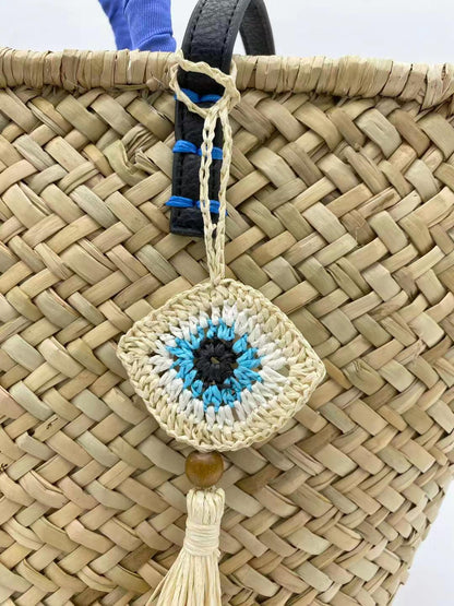 Raffia Evil Eye Charm – Natural Raffia Bag Accessory – Personalized Boho Keychain