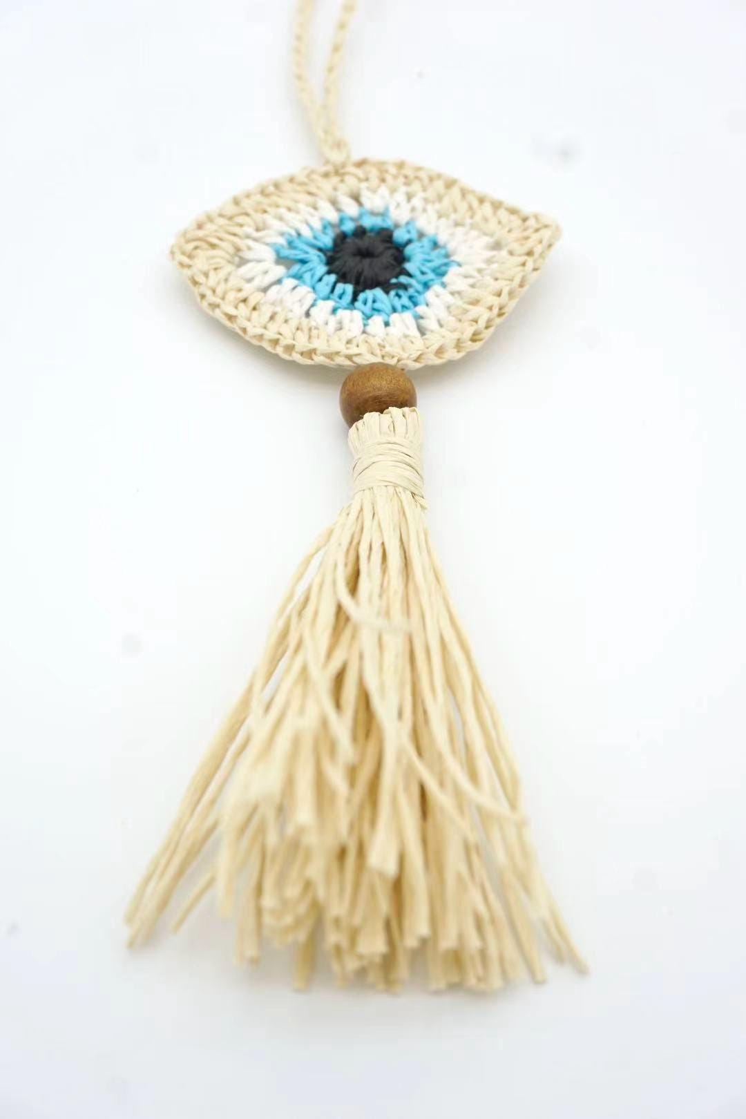 Raffia Evil Eye Charm – Natural Raffia Bag Accessory – Personalized Boho Keychain