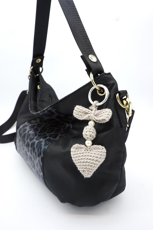 Hand-Crocheted Heart Charm - Pearl Name Bag Accessory - Pink