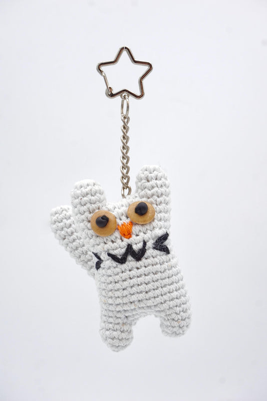 Hand-Crocheted White Cat Keychain