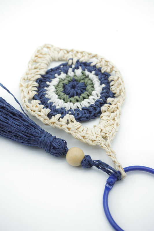 Raffia Evil Eye Keychain - Natural Paper Cord Tassel Bag Charm