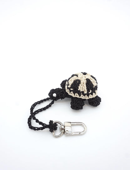 Hand-Crocheted Turtle Bag Charm – Black White Tortoise Keychain, Natural Paper Cord Accessory