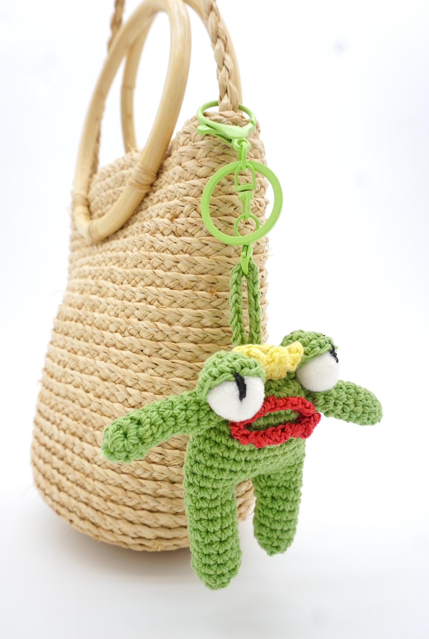 Hand Crocheted Frog Prince Keychain – Crown Frog Bag Charm, Straw Accessory