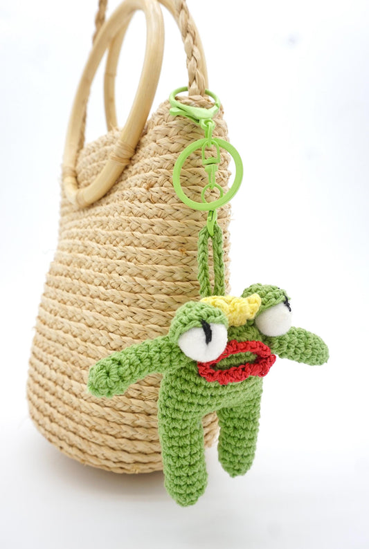 Hand Crocheted Frog Prince Keychain – Crown Frog Bag Charm, Straw Accessory