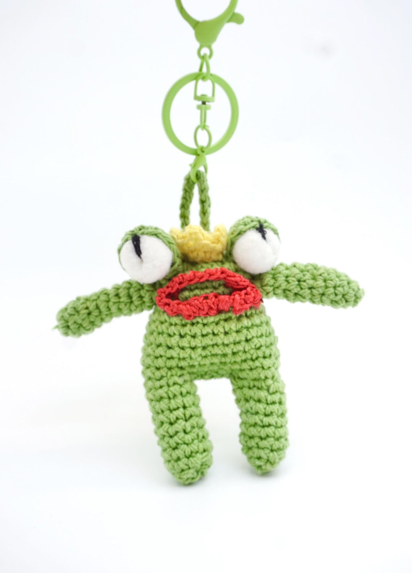 Hand Crocheted Frog Prince Keychain – Crown Frog Bag Charm, Straw Accessory