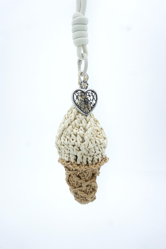 Raffia Ice Cream Keychain: Heart Charm Woven Bag Pendant