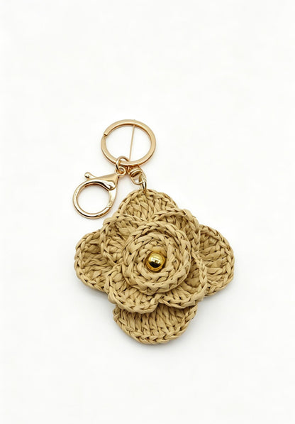 Crochet Raffia Raffia Rose Keychain – Gold Bead Floral Bag Charm – Boho Summer Accessory