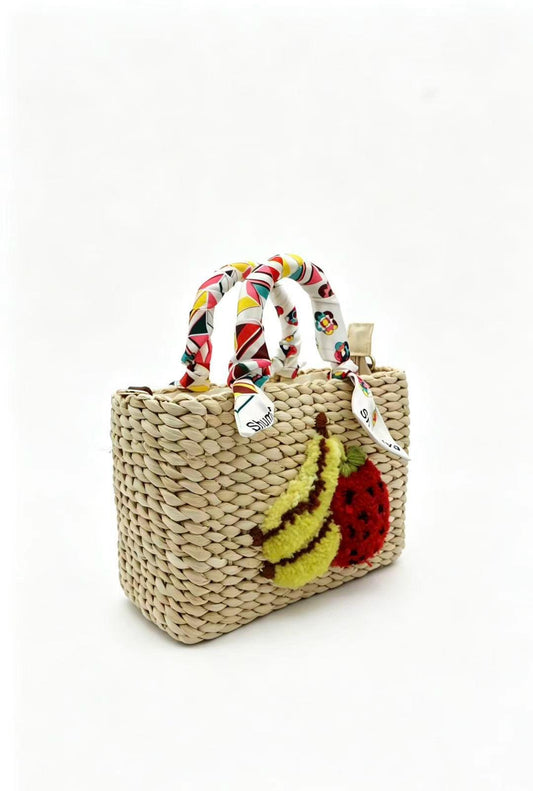 Handwoven Corn Husk Tote Bag - 3D Tufted Fruit Summer Beach Purse