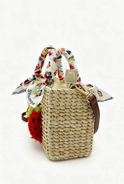 Handwoven Corn Husk Tote Bag – 3D Tufted Fruit Summer Beach Purse