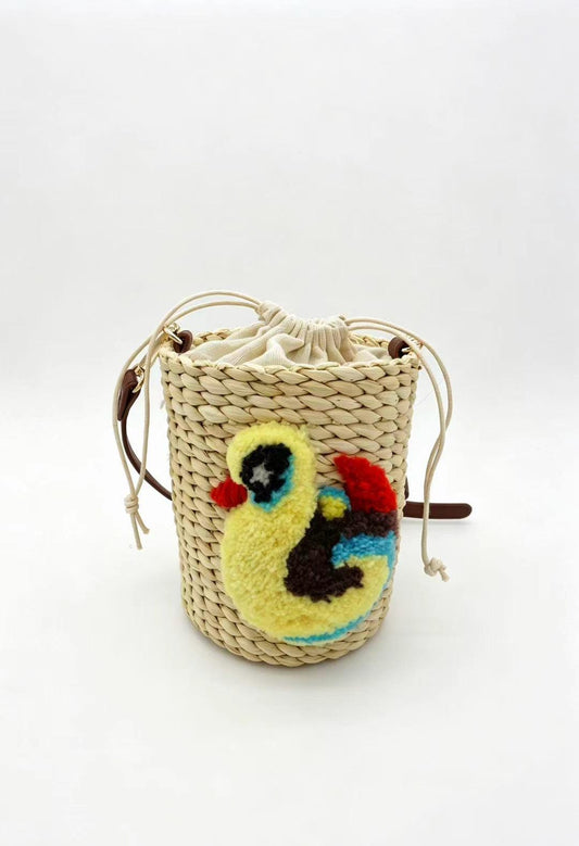 Handwoven Corn Husk Cylinder Bag with 3D Tufted "Little Duck"