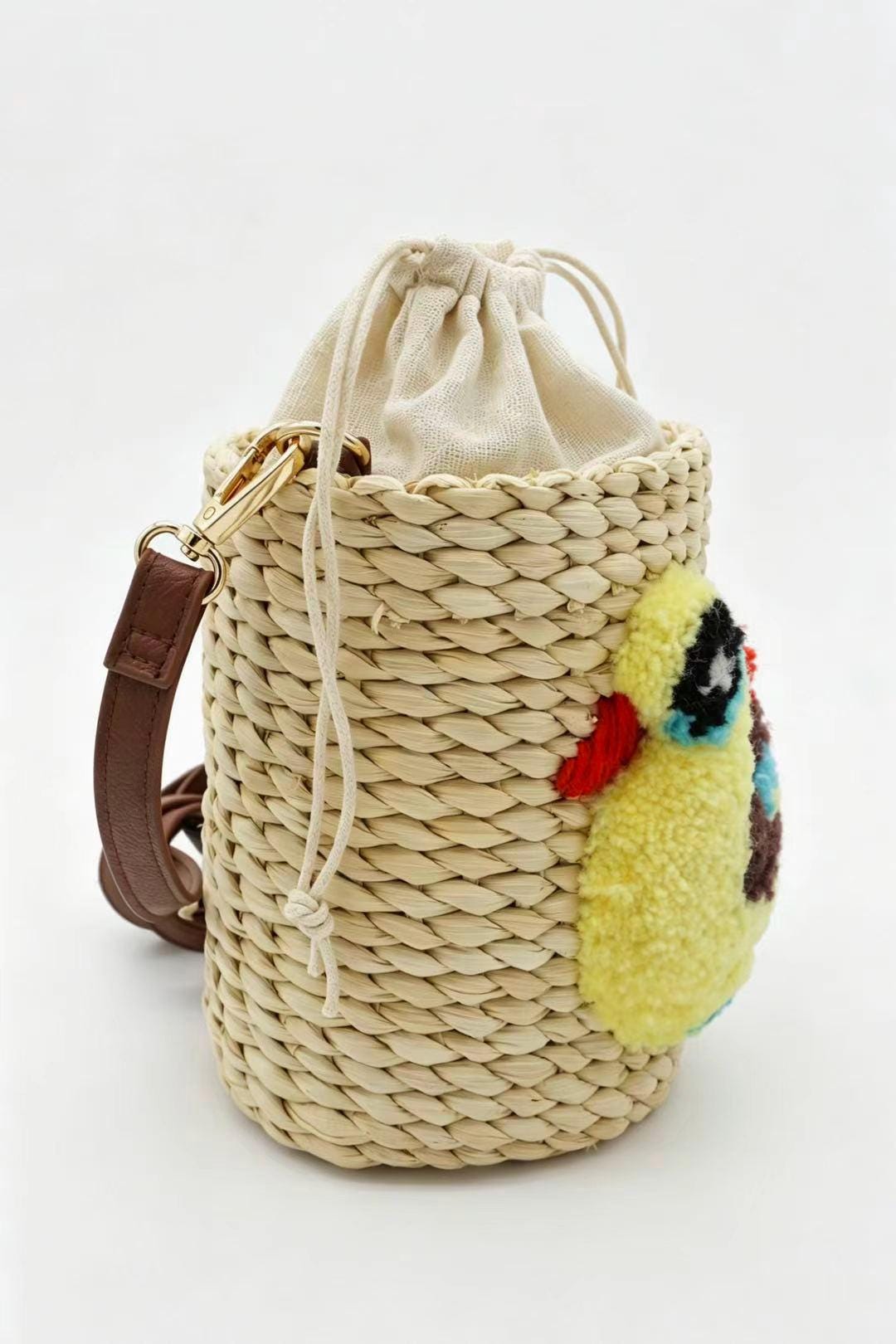 Handwoven Corn Husk Cylinder Bag with 3D Tufted "Little Duck" – One-of-a-Kind Straw Bucket Purse