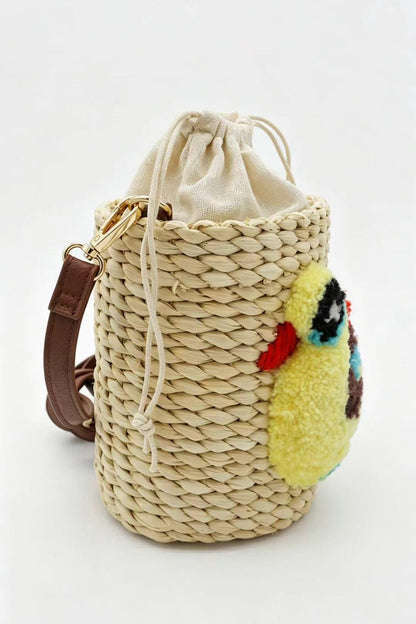 Handwoven Corn Husk Cylinder Bag with 3D Tufted "Little Duck" – One-of-a-Kind Straw Bucket Purse