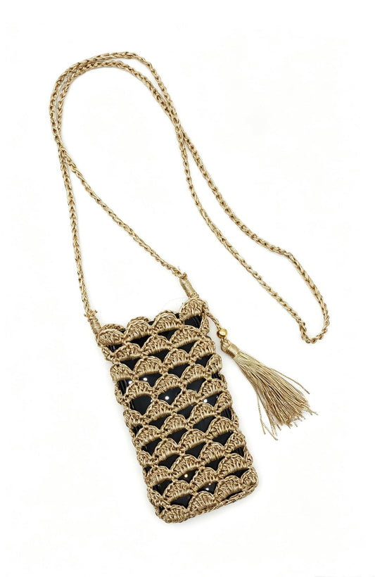 Raffia Phone Bag: Gold Metallic Woven Tassel Crossbody Bag