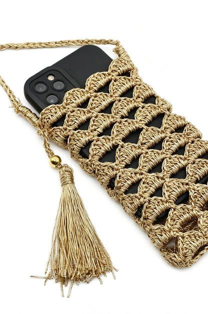 Raffia Phone Bag: Gold Metallic Woven Tassel Crossbody Bag