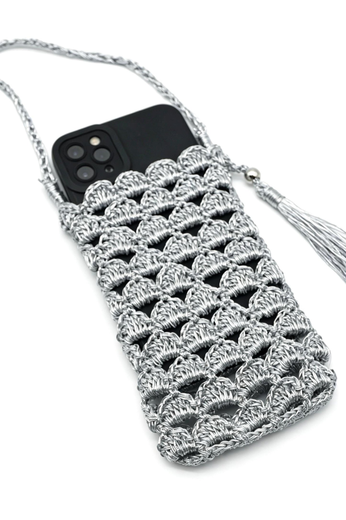 Crochet Raffia  Silver Metallic Cell Phone Crossbody Bag