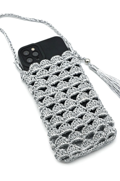 Crochet Raffia  Silver Metallic Cell Phone Crossbody Bag