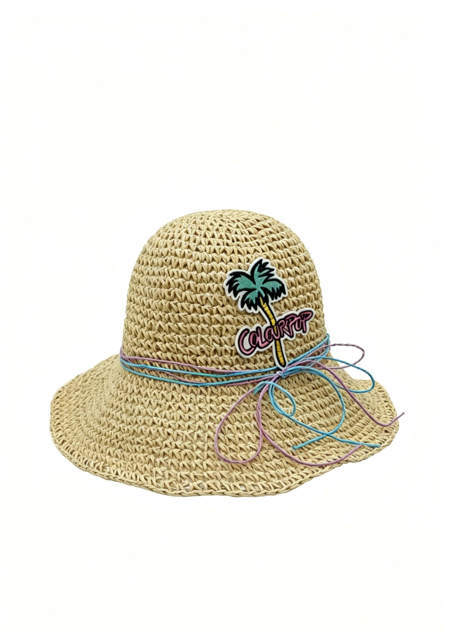 Crochet Raffia Bucket Hat – Palm Tree Patch, Multicolor Bow, Wide Brim Beach Sun Hat
