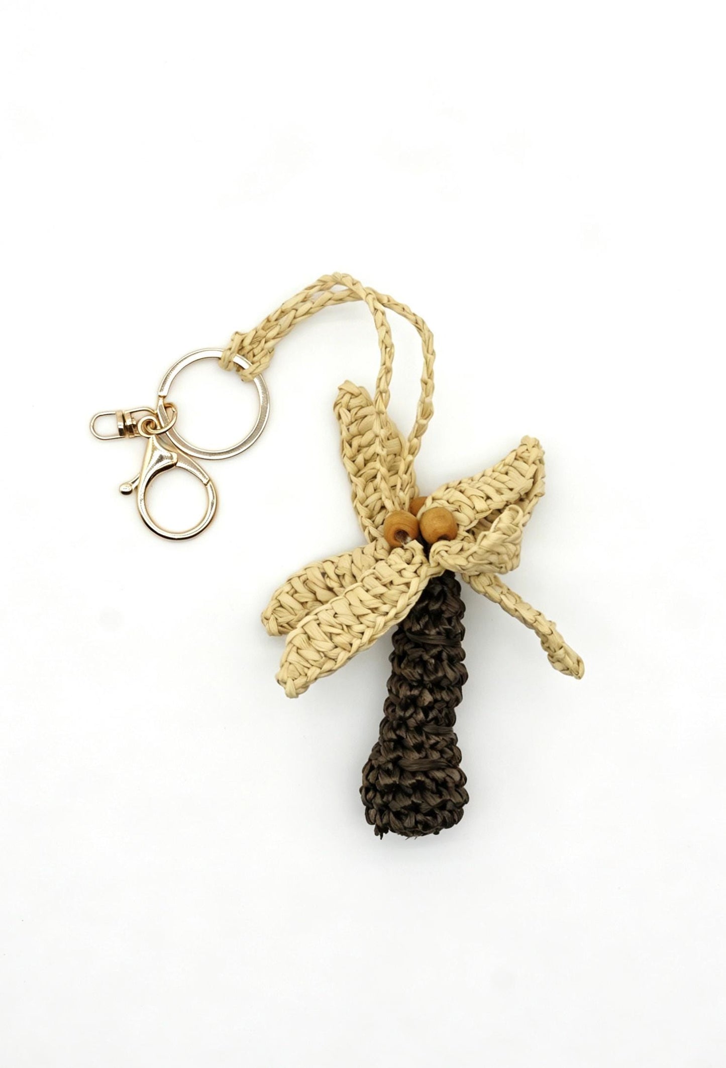 Handmade Raffia Dragonfly Bag Charm – Wooden Bead Insect Keychain, Boho Accessory