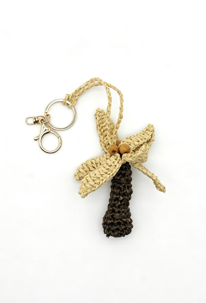 Handmade Raffia Dragonfly Bag Charm – Wooden Bead Insect Keychain, Boho Accessory