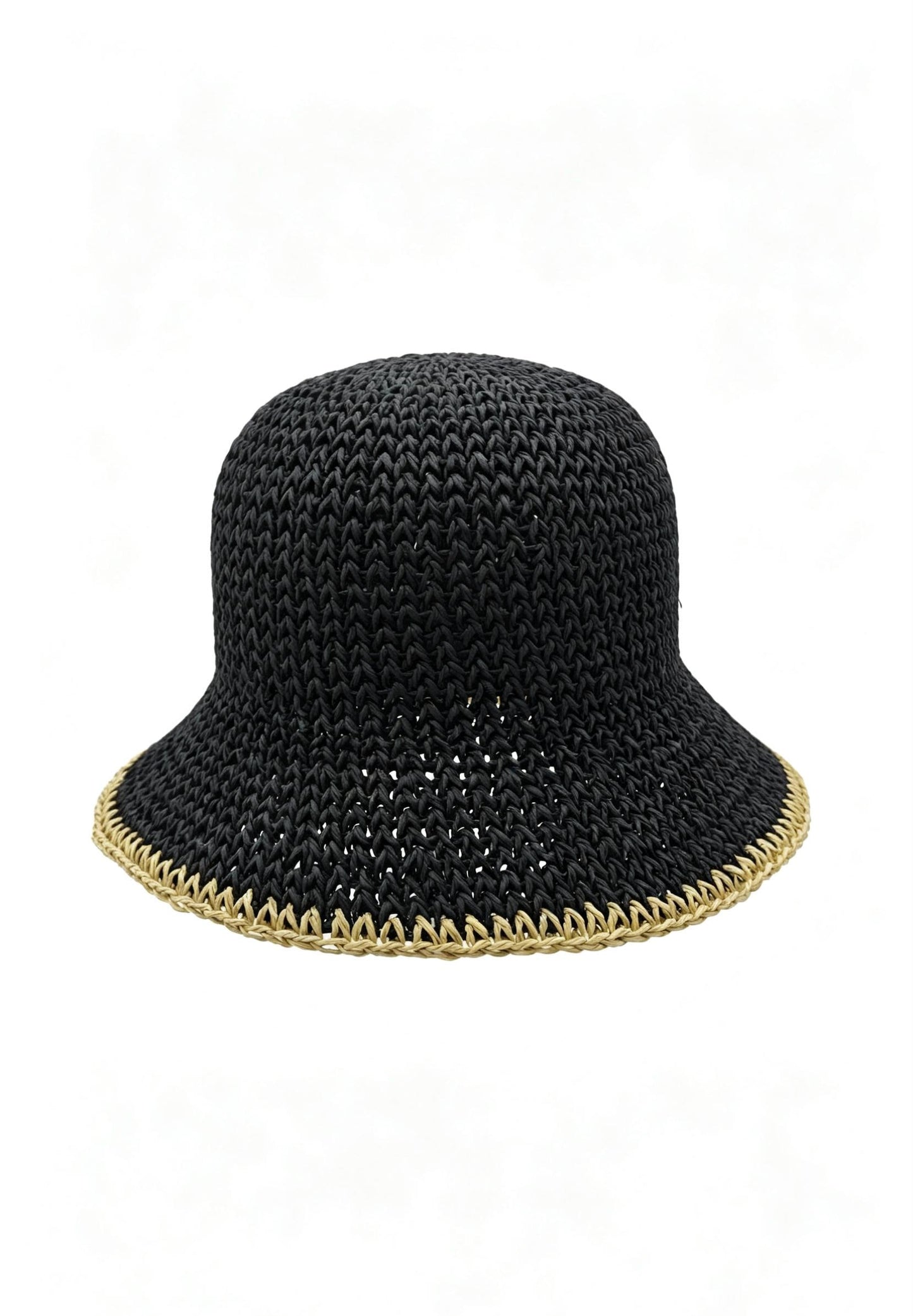 Black Raffia Bucket Hat with Gold Trim: Crochet Wide Brim Sun Hat for Summer