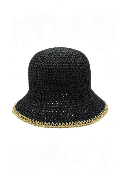Black Raffia Bucket Hat with Gold Trim: Crochet Wide Brim Sun Hat for Summer