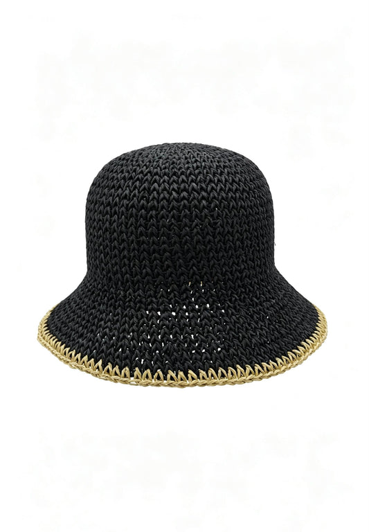 Black Raffia Bucket Hat with Gold Trim: Crochet Wide Brim Sun Hat for Summer