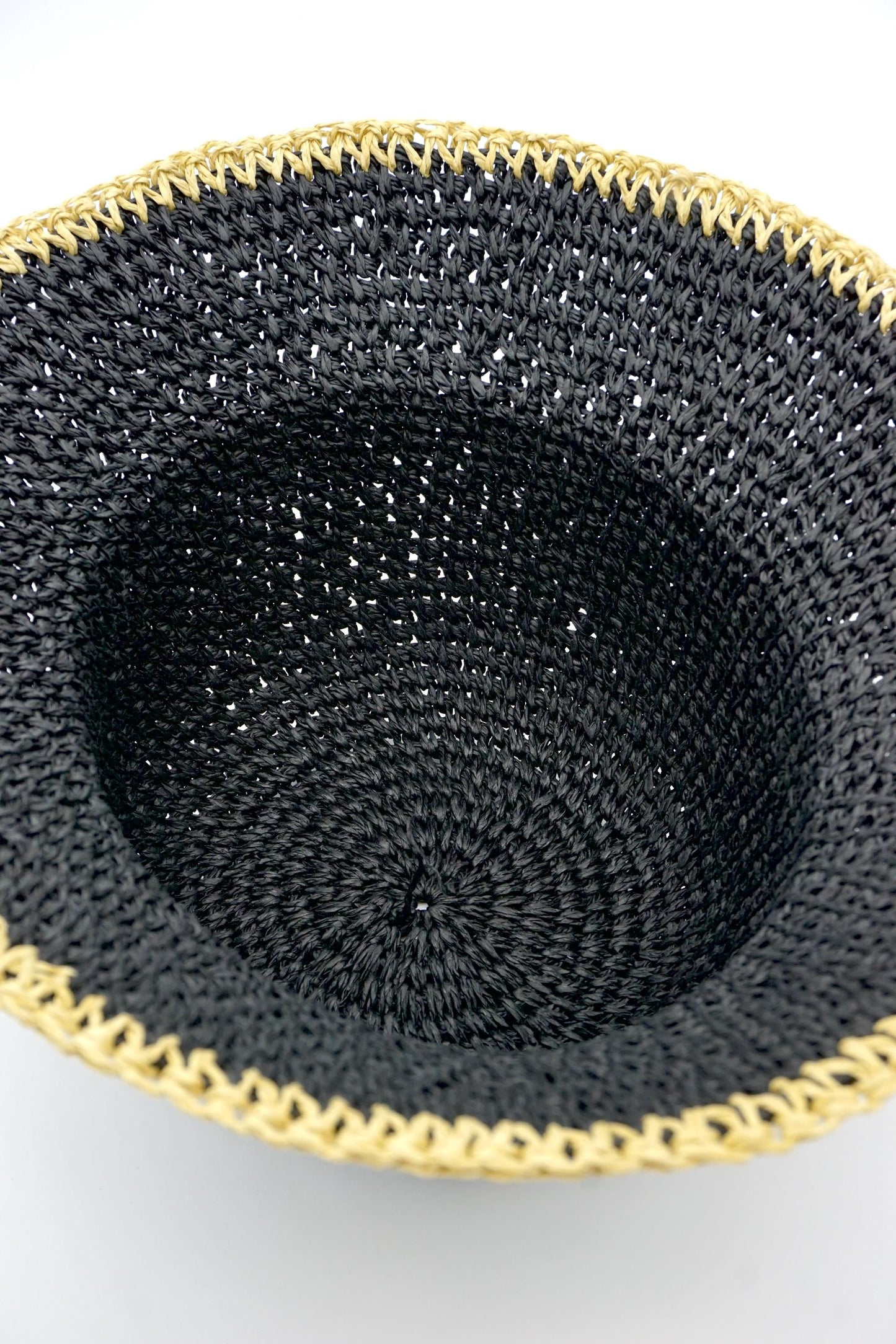Black Raffia Bucket Hat with Gold Trim: Crochet Wide Brim Sun Hat for Summer