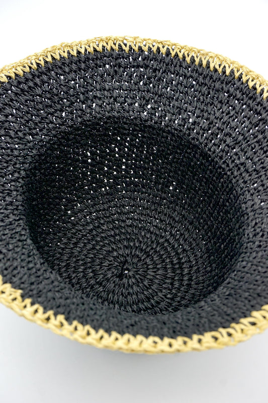 Black Raffia Bucket Hat with Gold Trim: Crochet Wide Brim Sun Hat for Summer