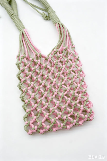 Two-Tone Sage Pink Macrame Phone Sling: Boho Crossbody Water Bottle Holder