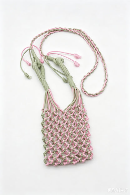 Two-Tone Sage Pink Macrame Phone Sling: Boho Crossbody Water Bottle Holder