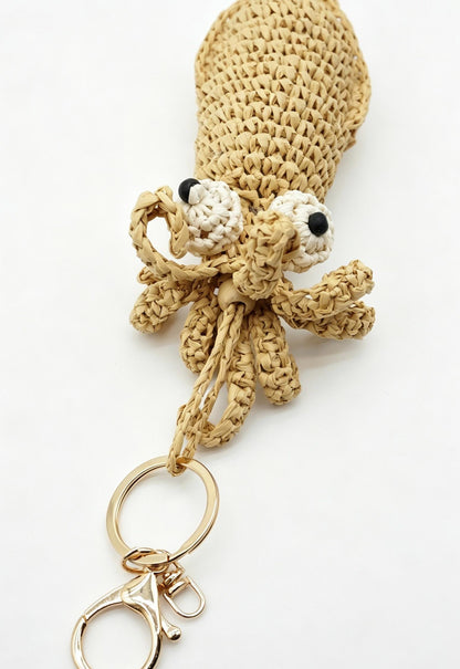 Crochet Raffia  Squid Charm – Crochet Mini Cephalopod Keychain, Coastal Ocean Accessory