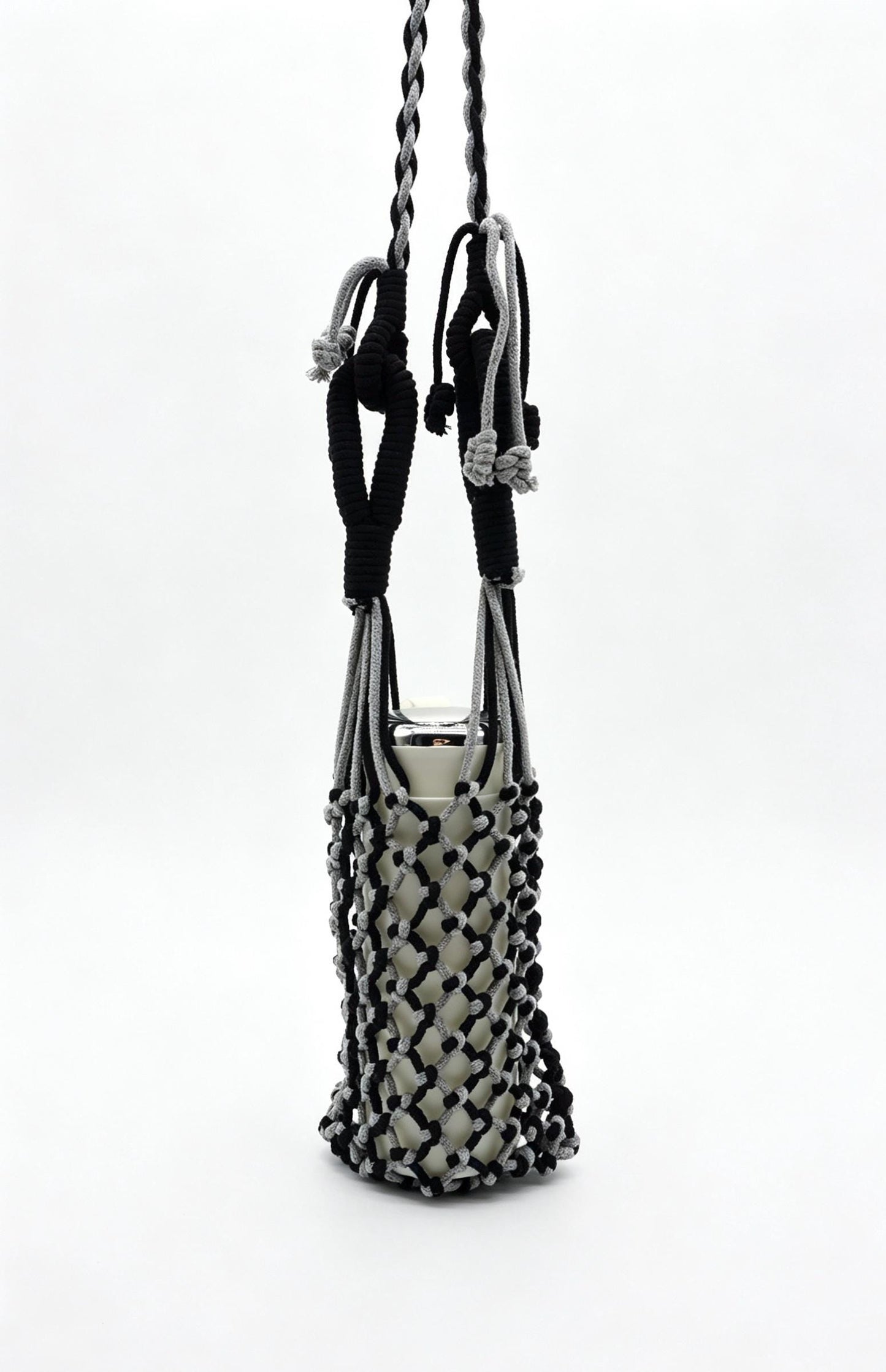 Two-Tone Sage Pink Macrame Phone Sling: Boho Crossbody Water Bottle Holder