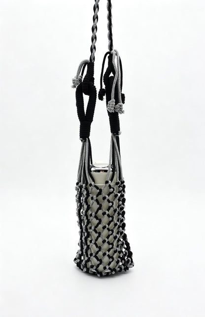 Two-Tone Sage Pink Macrame Phone Sling: Boho Crossbody Water Bottle Holder
