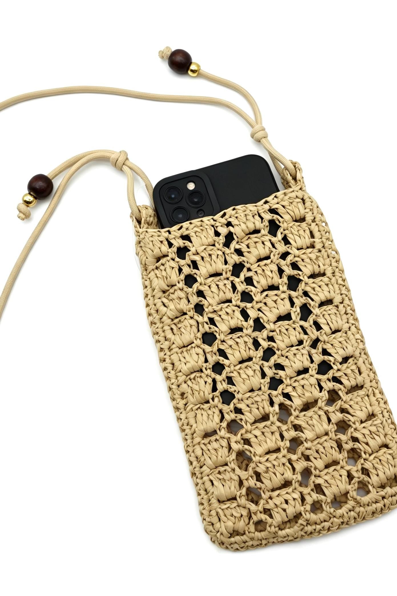 Crochet Raffia Cell Phone Crossbody Fits Max Ultra Woven Travel Passport Sunglass Case Holder
