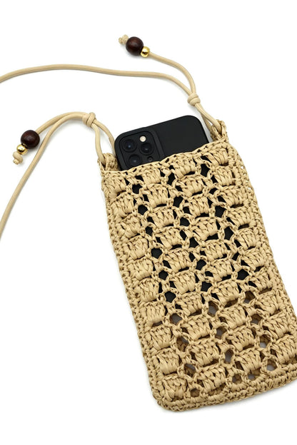 Crochet Raffia Cell Phone Crossbody Fits Max Ultra Woven Travel Passport Sunglass Case Holder