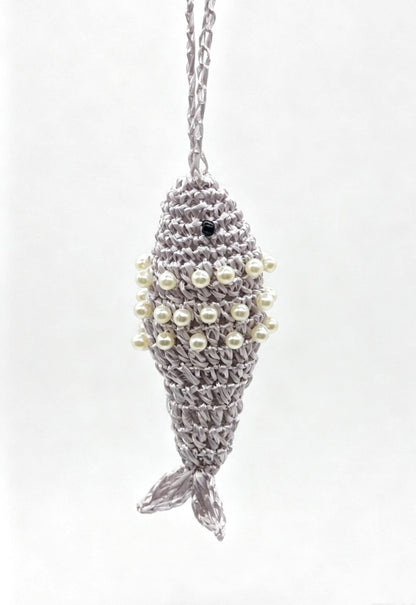 Pearl Raffia Fish Keychain: Hand Crochet Nautical Bag Charm