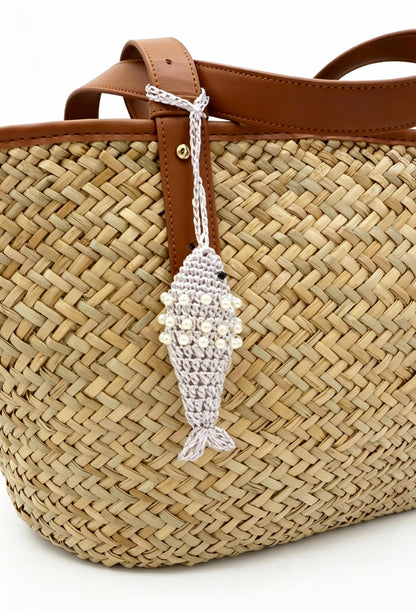 Pearl Raffia Fish Keychain: Hand Crochet Nautical Bag Charm