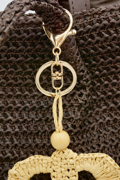 Crochet Raffia  Leaf Bag Charm – Woven Floral Keychain, Wood Bead Boho Pendant Accessory