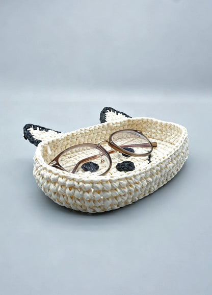 Crochet Raffia  Cat Face Tray – Woven Eyeglass Holder, Kitten Sunglasses Dish