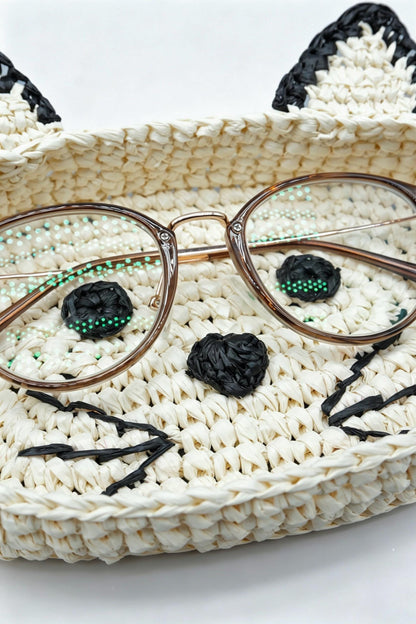 Crochet Raffia  Cat Face Tray – Woven Eyeglass Holder, Kitten Sunglasses Dish