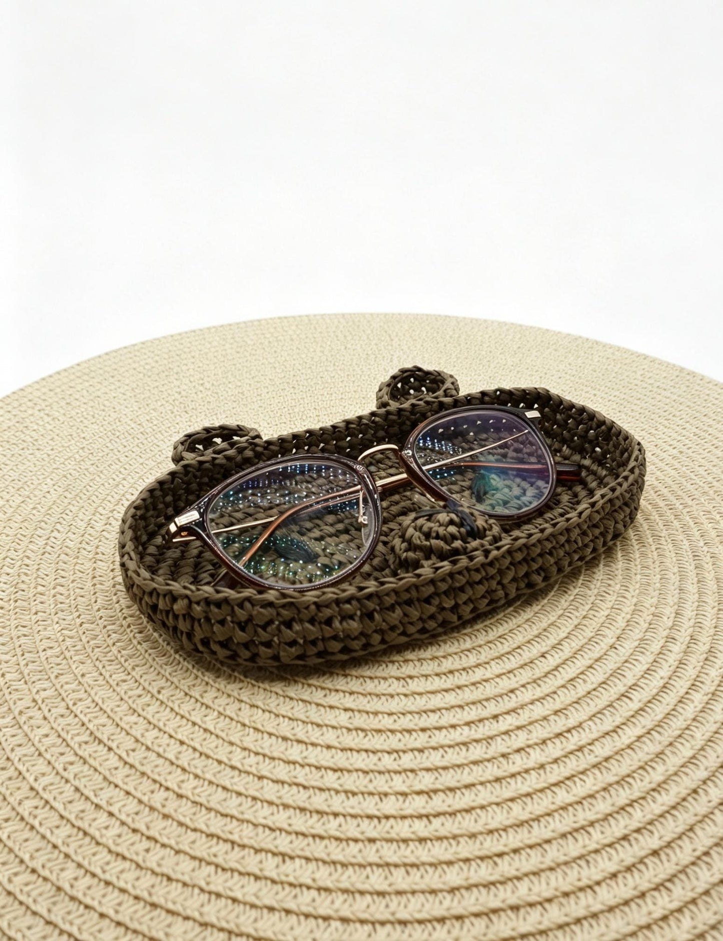 Crochet Raffia  Cat Face Tray – Woven Eyeglass Holder, Kitten Sunglasses Dish