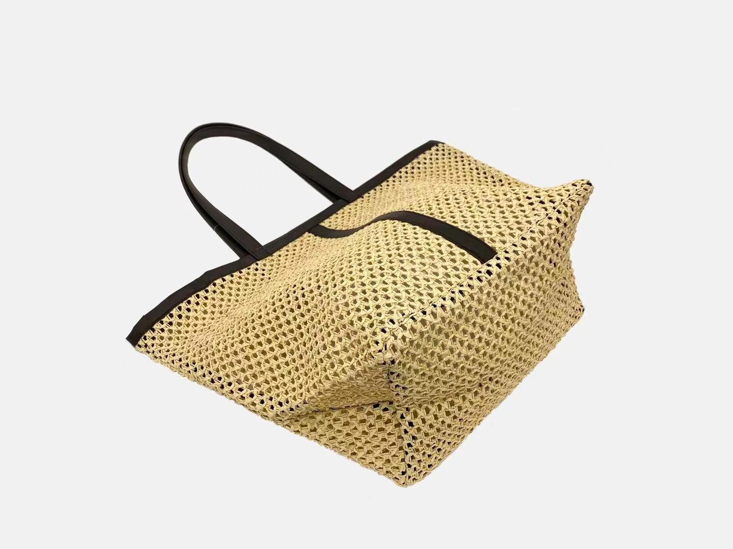 Hand-Woven Raffia Tote Bag – Minimalist Boho Straw Shoulder Bag, Faux Leather Handles