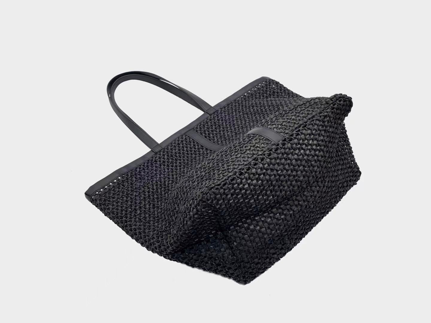 Hand-Woven Raffia Tote Bag – Minimalist Boho Straw Shoulder Bag, Faux Leather Handles