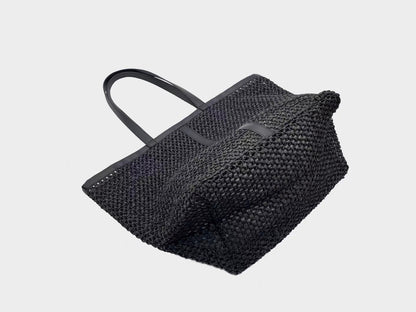 Hand-Woven Raffia Tote Bag – Minimalist Boho Straw Shoulder Bag, Faux Leather Handles