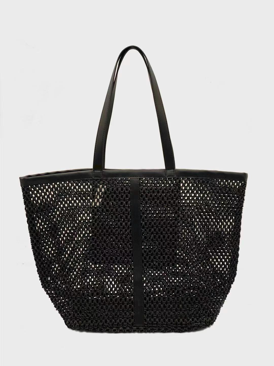 Hand-Woven Raffia Tote Bag – Minimalist Boho Straw Shoulder Bag, Faux Leather Handles