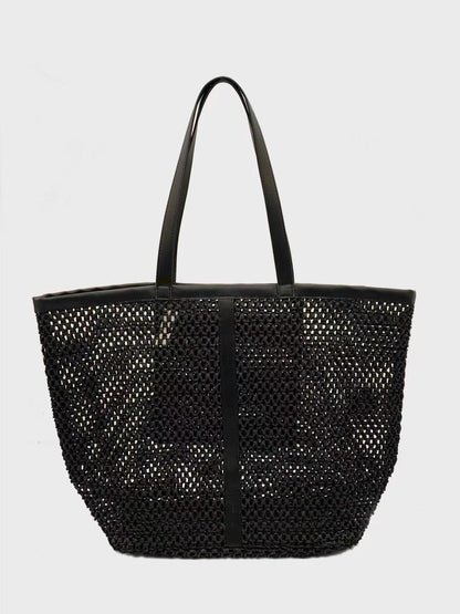 Hand-Woven Raffia Tote Bag – Minimalist Boho Straw Shoulder Bag, Faux Leather Handles