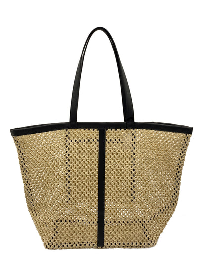 Hand-Woven Raffia Tote Bag – Minimalist Boho Straw Shoulder Bag, Faux Leather Handles