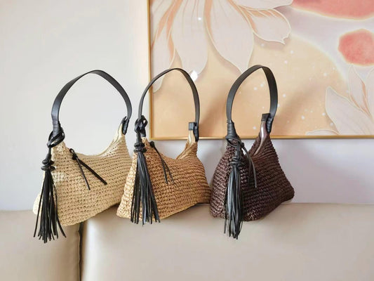 Woven Straw Hobo Bag - Faux Leather Tassel Underarm Purse - coffee