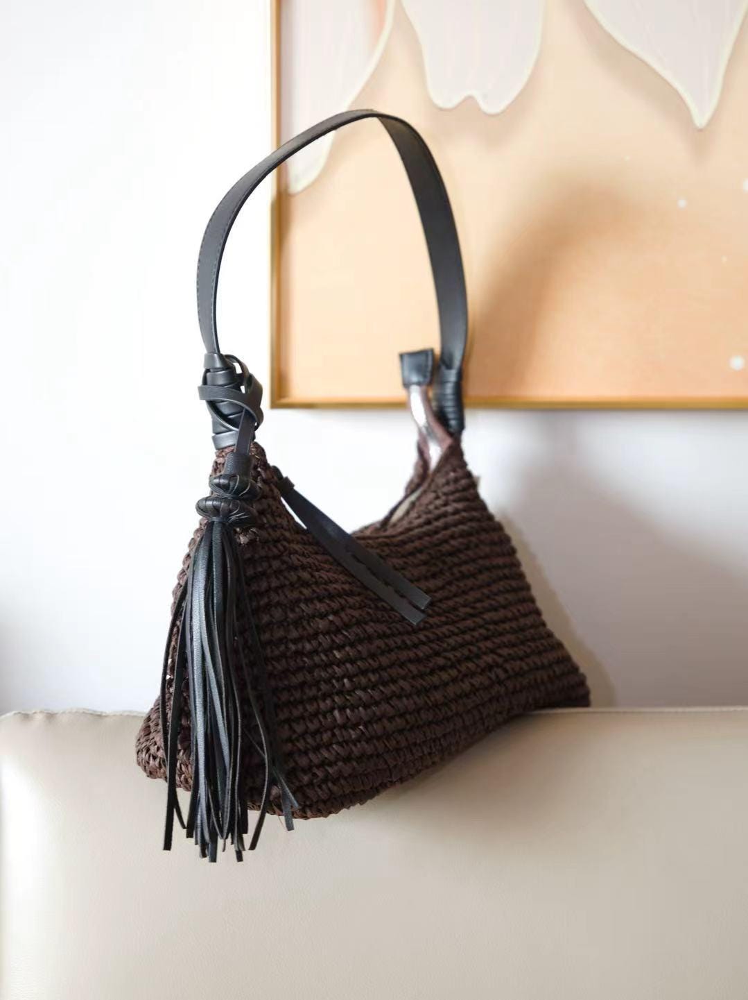 Woven Straw Hobo Bag – Faux Leather Tassel Underarm Purse – Boho Summer Handbag
