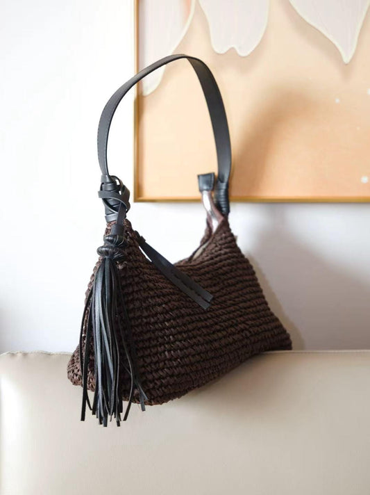 Woven Straw Hobo Bag – Faux Leather Tassel Underarm Purse – Boho Summer Handbag